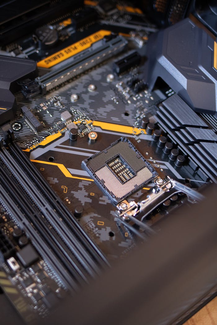 gallery-05 Detailed view of a computer motherboard highlighting electronic components and technology connections.